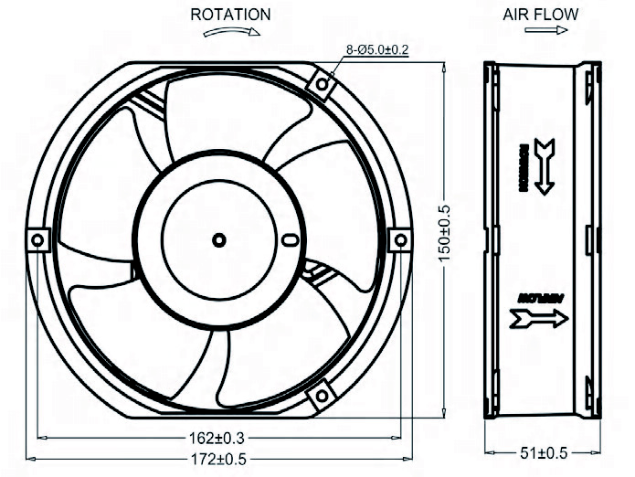 172×150×51mm 6 Inch Five Blade AC17251 AC Axial Fan